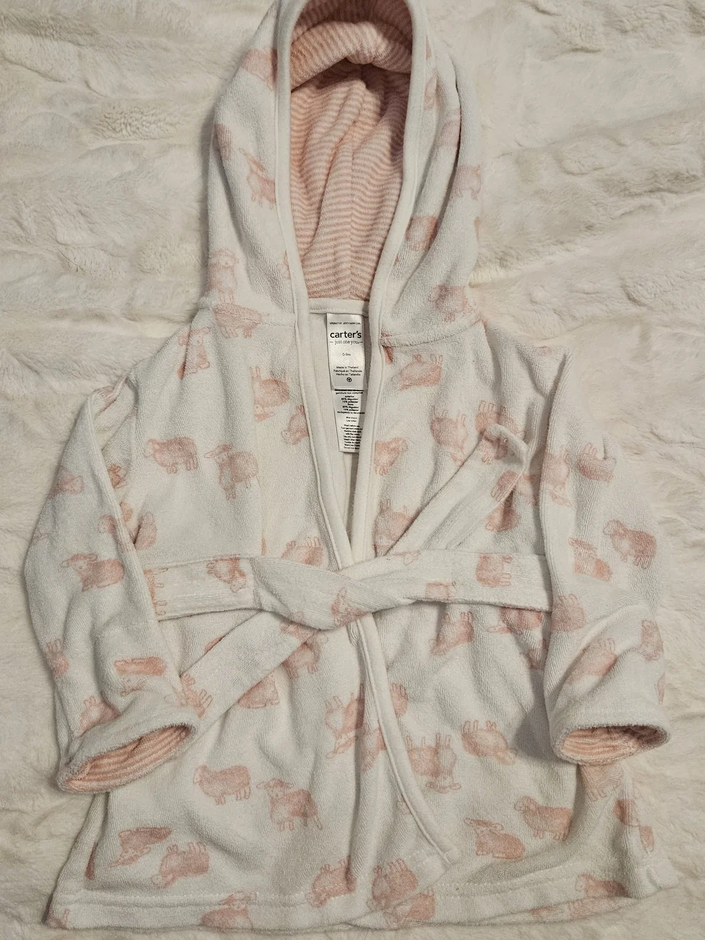 Carter's White Hooded Kids Robe with Soft Pink Lamb Print